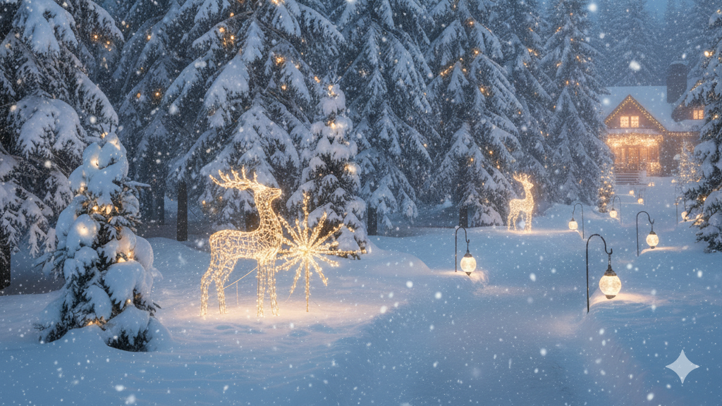 Snowy forest scene with illuminated deer figures and a cabin in the background.